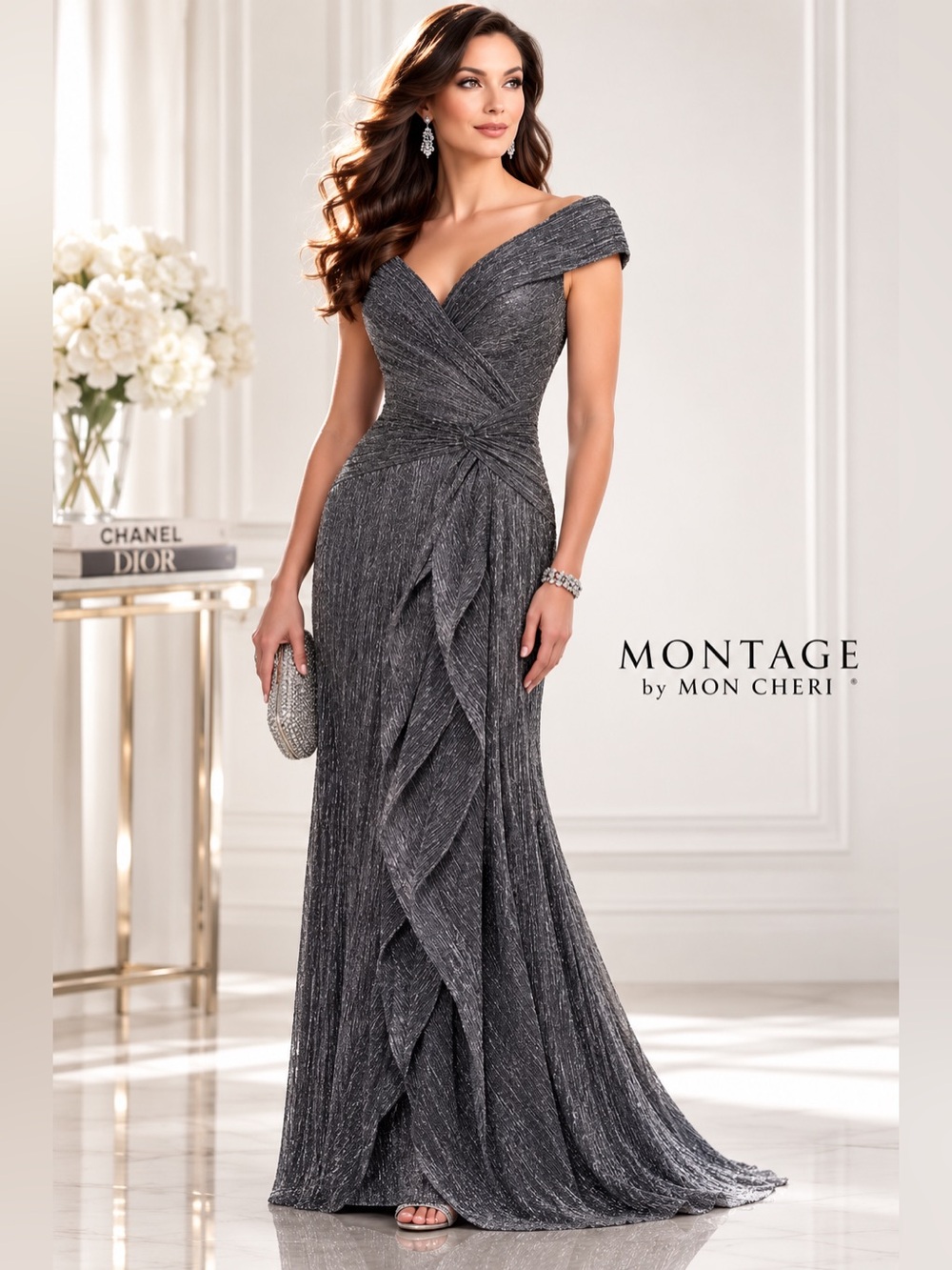 Montage by Mon Cheri Metallic Charcoal One-Shoulder Evening Gown